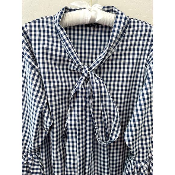 TOV | Navy Gingham Tie Front Bow Blouse Dramatic Balloon Sleeves | Size 38 - Picture 4 of 8